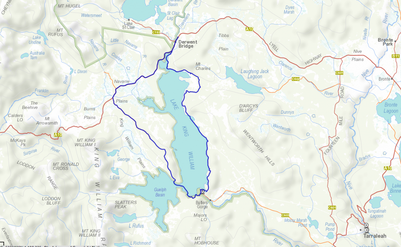 Map of Mountain Bike / Packraft Route Loop - Lake King William - March 2022